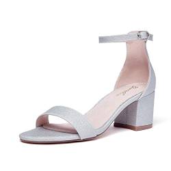 GENSHUO Damen Silber Blockabsatz Sandalen Glitzer Knöchelriemen Sandaletten mit Niedrigem Block Absatz 6CM Riemchensandalen Offen Zehen Klobig High Heel Sandale für Party Hochzeit Abend 36EU von GENSHUO