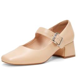 GENSHUO Mary Jane Damen Pumps mit Chunky Low Heel, Rundzehen, Klassische Kleid-Schuhe für Frauen,Nackte Damenschuhe,36 EU von GENSHUO