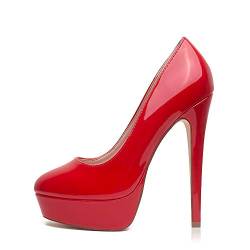 GENSHUO Plateau High Heels Damen Rot Stiletto Pumps 5.5 Zoll/14CM Absatzschuhe Geschlossene Lack Platform Heels Stöckelschuhe Party Hochzeit Abschlussball Sexy Highheels Damenschuh 39EU von GENSHUO