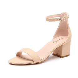 GENSHUO Sandaletten Damen mit Blockabsatz 6 CM/2,36 Zoll Elegant Wildleder Knöchelriemen Sandalen mit Niedrigem Absatz Sexy Offen High Heel Riemchensandalen für Party Prom Hochzeit, Beige 39EU von GENSHUO