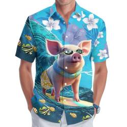 Bauernhof Tier Knopf Hemd für Männer, Tier Herren Hawaiihemd, Sommer Unisex Hemd, Geburtstagsgeschenke für Männer, Schwein Surfen, L von GEPOS