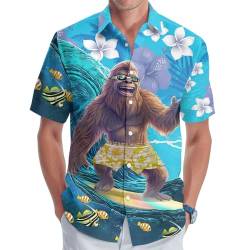 Cooles Bigfoot Herren Hawaiihemd Lustig Sasquatch Unisex Kurzarm Button Hemd, Sasquatch Surfen, 4XL von GEPOS