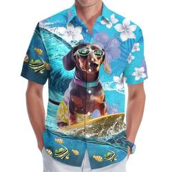Hund Hawaiihemd für Männer, Sommerurlaub Hund Herren Button Shirt, Aloha Beach Casual Kurzarm Shirt Unisex, Dackel Hund Surfen, XXL von GEPOS