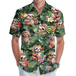 Herren Casual Hawaiihemd Tropischer Druck Button Down Hemd für Männer Sommer Kurzarm Geschenke zum Geburtstag, Tropisches Faultier, XXL von GEPOS