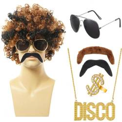 6-teiliges Set Afro-Perücke for Herren, schwarz, umgekehrte Locken, Stiefbrüder, Halloween-Disco-Kostüm-Set, for Disco-Outfits der 70er und 80er Jahre mit Sonnenbrille + Bart + Ring + goldene Disco- von GERRIT