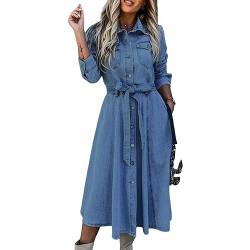 GETERUUV Jeanskleid Damen Knielang V-Ausschnitt Babydoll Denim Shirtkleid Causal Langarm Knopf Swing Hemdkleid Tunikakleider von GETERUUV