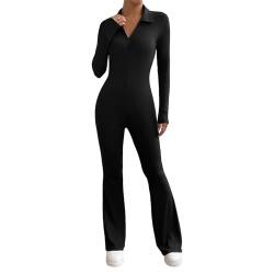 GETERUUV Jumpsuit Damen Lang Eng Gerippte Yoga Bodysuit mit Reißverschluss Langarm Strampler Einteiler Sportanzug Hosenanzug von GETERUUV