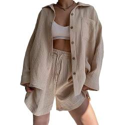 GETERUUV Zweiteiler Damen Elegant Anzug Musselin Bluse Top + High Waist Shorts 2 Teiler Set Y2k Clothes Loungewear Baumwolle von GETERUUV