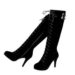 getmorebeauty Damen Wildleder Schnalle Rock Schnürschuh Reißverschluss Kniehohe Stiefel High Heel Stiefel, Schwarz, 37 EU von GETMOREBEAUTY