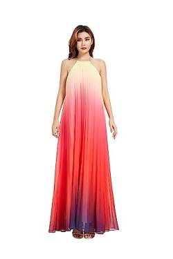 GETUBACK Damen Maxikleid mit Farbverlauf, plissiert, lang, Chiffon, sexy, locker, Sommer, Strand, A-Linie, rückenfrei, Sommerkleid, Farbverlauf Pink, Mittel von GETUBACK