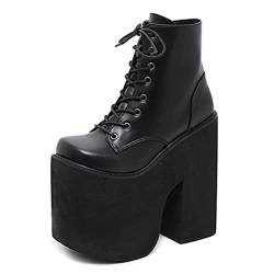 Damen Schnürstiefeletten Plateau Blockabsatz Quadratischer Zehen Punk Gothic Stiefel Mit Reißverschluss,Schwarz,37 EU von GGBLCS