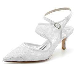 GGBLCS Damen Kitten Heel Hochzeitsschuhe Slingpumps Knöchelriemen Spitze Brautschuhe 6869-52,Weiß,36 EU von GGBLCS