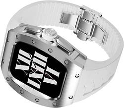 GHFHSG Rahmen aus Titanlegierung, 45 mm, 44 mm + Gummi-Uhrenarmband mit moderner Schnalle, für Apple Watch 8, 7, 6, 5, 4 SE, Metallabdeckung, Fluorkautschuk, taktischer Schutz, Uhrenzubehör, 44mm, von GHFHSG