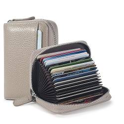 GHGMAO Kreditkartenetui, RFID-blockierend, schlankes Echtleder, Organizer, Reißverschlussfach, Ausweisetui, Geldbörse mit 20 Kartenfächern für Damen, GRAU, RFID-Kartenhalter von GHGMAO