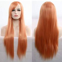 GHK 11 Farben 80cm synthetische lange glatte Haare Perücke schwarz grau grün blau lila rosa Haarteil Cosplay Perücken für Frauen orange von GHK