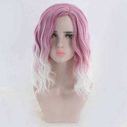 GHK Mittellange Wellenförmige Rosa Weiß Ombre Perücke Kunsthaar Natürliche Lolita Cosplay Perücken Für Frauen Hochtemperaturfaser Haarteil von GHK