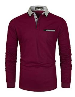 GHYUGR Herren Poloshirt Baumwolle Langarm Polohemd klassisch Plaid T-Shirt,Rot,3XL von GHYUGR