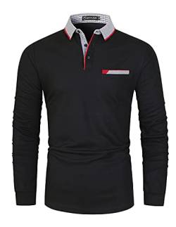 GHYUGR Herren Poloshirt Baumwolle Langarm Polohemd klassisch Plaid T-Shirt,Schwarz 1,L von GHYUGR