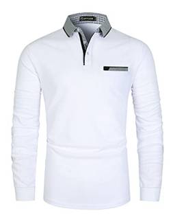 GHYUGR Herren Poloshirt Baumwolle Langarm Polohemd klassisch Plaid T-Shirt,Weiß 1,M von GHYUGR