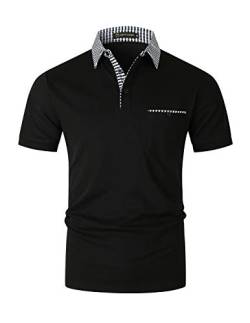 GHYUGR Herren Poloshirt Kurzarm Polohemd klassisch Karierte Spleiß Polo Tasche T-Shirt,Schwarz 01,L von GHYUGR