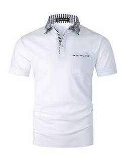 GHYUGR Herren Poloshirt Kurzarm Polohemd klassisch Karierte Spleiß Polo Tasche T-Shirt,Weiß,L von GHYUGR