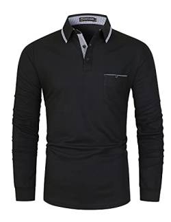 GHYUGR Poloshirt Herren Langarm Golf Polohemd Klassische Karierte Spleiß Kragen T-Shirt,Schwarz 1,M von GHYUGR