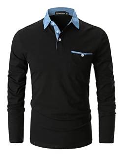 GHYUGR Poloshirts Herren Basic Langarm Baumwolle Polohemd Denim Nähen Golf T-Shirt S-XXL,Schwarz,3XL von GHYUGR