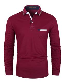 GHYUGR Poloshirts für Herren Baumwolle Langarm Casual T-Shirt Kontrastblende Polohemd,Rot 1,XL von GHYUGR
