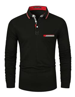 GHYUGR Poloshirts für Herren Baumwolle Langarm Casual T-Shirt Kontrastblende Polohemd,Schwarz,M von GHYUGR