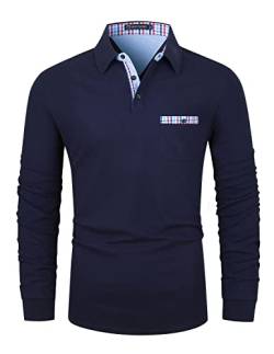 GHYUGR Poloshirts für Herren Langarm T-Shirt Kontrastblende Plaid spleißen Polohemd,Blau 1,XL von GHYUGR