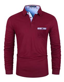 GHYUGR Poloshirts für Herren Langarm T-Shirt Kontrastblende Plaid spleißen Polohemd,Rot 1,XL von GHYUGR