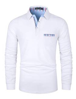 GHYUGR Poloshirts für Herren Langarm T-Shirt Kontrastblende Plaid spleißen Polohemd,Weiß,L von GHYUGR