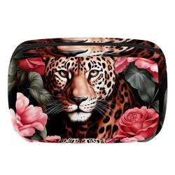 Reise Kulturbeutel,kleine Make up Tasche,Tierisches Leoparden Rosen Blumenmuster von GIAPB