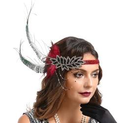 GIBZ 1920er Jahre Flapper Stirnband Vintage Strass Feder Gatsby Haarband Festival Kopfschmuck für Damen, Rot von GIBZ