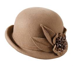 GIBZ Bowler Hut Damen Winter Warm Slouchy Cap Retro Curled Top Hüte mit Blume Braun von GIBZ