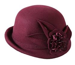 GIBZ Bowler Hut Damen Winter Warm Slouchy Cap Retro Curled Top Hüte mit Blume Weinrot von GIBZ