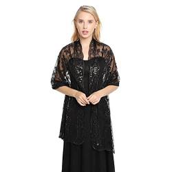 GIBZ Damen Bestickt Glitzer Schal Dünn Vintage Floral Stola Wraps mit Pailletten für Hochzeit Abendkleider, Schwarz von GIBZ