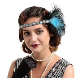 GIBZ Damen Pfauenfeder Flapper Stirnband, 1920er Jahre Gatsby Party Haarband, Luxus Kopfschmuck mit Strasssteinen, Blau von GIBZ