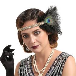 GIBZ Damen Pfauenfeder Flapper Stirnband, 1920er Jahre Gatsby Party Haarband, Luxus Kopfschmuck mit Strasssteinen, Gold von GIBZ