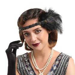 GIBZ Damen Pfauenfeder Flapper Stirnband, 1920er Jahre Gatsby Party Haarband, Luxus Kopfschmuck mit Strasssteinen, Schwarz von GIBZ