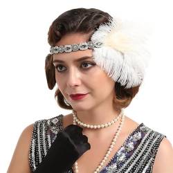 GIBZ Damen Pfauenfeder Flapper Stirnband, 1920er Jahre Gatsby Party Haarband, Luxus Kopfschmuck mit Strasssteinen, Weiß von GIBZ