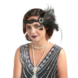 GIBZ Flapper Stirnband mit Pfauenfedern, 1920er Jahre Gatsby Party Kopfschmuck, Vintage Haarband mit Strass Perlen, Schwarz von GIBZ