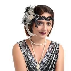 GIBZ Flapper Stirnband mit Pfauenfedern, 1920er Jahre Gatsby Party Kopfschmuck, Vintage Haarband mit Strass Perlen, Weiß von GIBZ