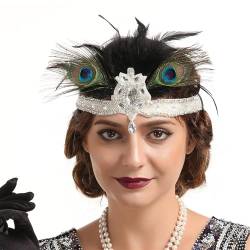 GIBZ Flapper Stirnband mit Pfauenfedern für Damen, 1920er Jahre Gatsby Strass Kopfbedeckung, Luxus Haarband für Festival Party, Schwarz Weiß von GIBZ