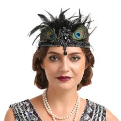 GIBZ Flapper Stirnband mit Pfauenfedern für Damen, 1920er Jahre Gatsby Strass Kopfbedeckung, Luxus Haarband für Festival Party, Schwarz von GIBZ
