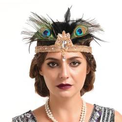 GIBZ Flapper Stirnband mit Pfauenfedern für Damen, 1920er Jahre Gatsby Strass Kopfbedeckung, Luxus Haarband für Festival Party, Sekt von GIBZ