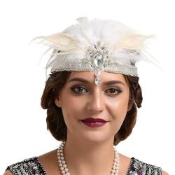 GIBZ Flapper Stirnband mit Pfauenfedern für Damen, 1920er Jahre Gatsby Strass Kopfbedeckung, Luxus Haarband für Festival Party, Weiß von GIBZ
