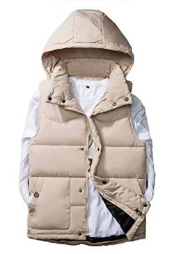 GIBZ Herren Daunenweste mit Kapuze Winterweste Outdoor leicht Steppweste mit Reißverschluss Taschen, Beige, 4XL von GIBZ