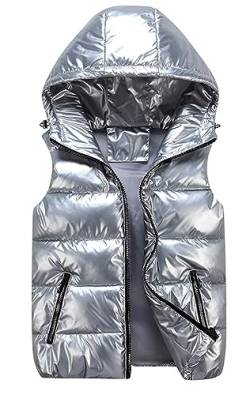 GIBZ Herren Steppweste Glänzende mit Kapuze Daunenjacke Warm mit Reißverschluss Taschen Ärmellos Jacke Lässig für Winter, Silber, XXL von GIBZ