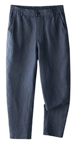 GIBZ Herrenhose 100% Leinen Elastische Taille Sommer Lockere Passform Schlichte Lässige Gerade Hose mit Tasche, Navy Blau, L von GIBZ